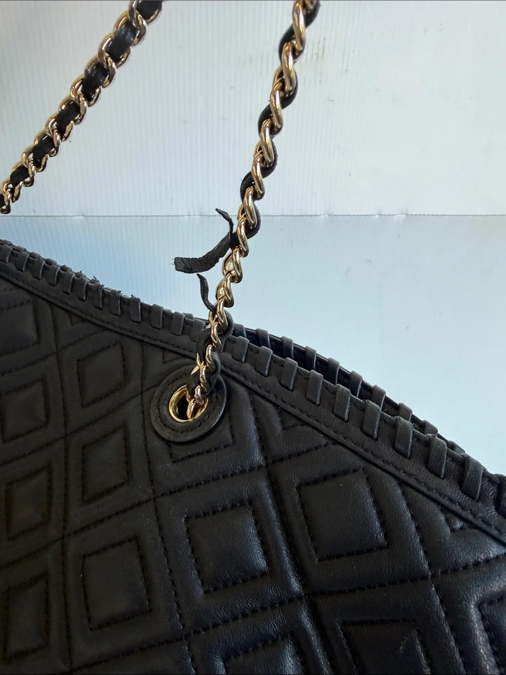 Tory Burch Black Quilted Leather Marion Tote Gold Hardware Bag Purse Luxury